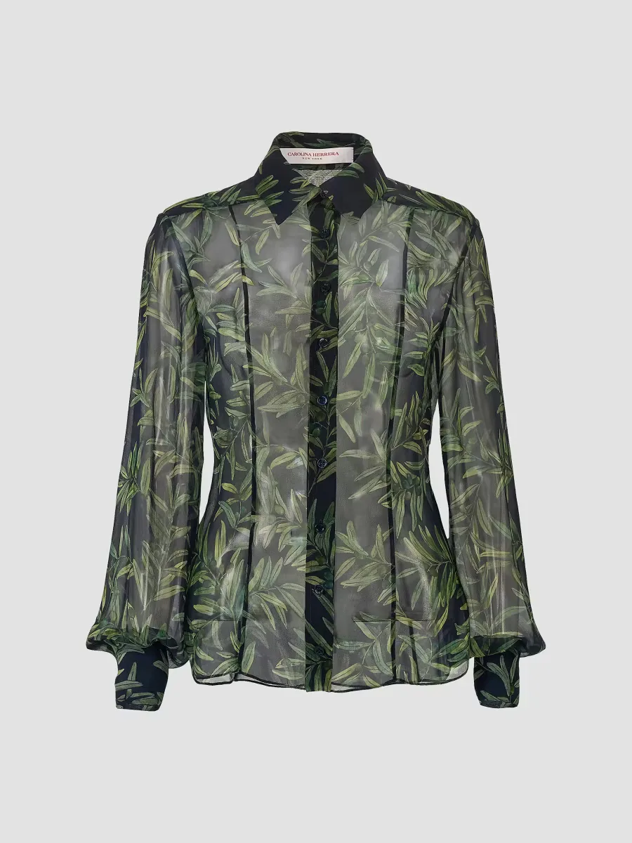 Leaf-Print Silk Sheer Shirt
