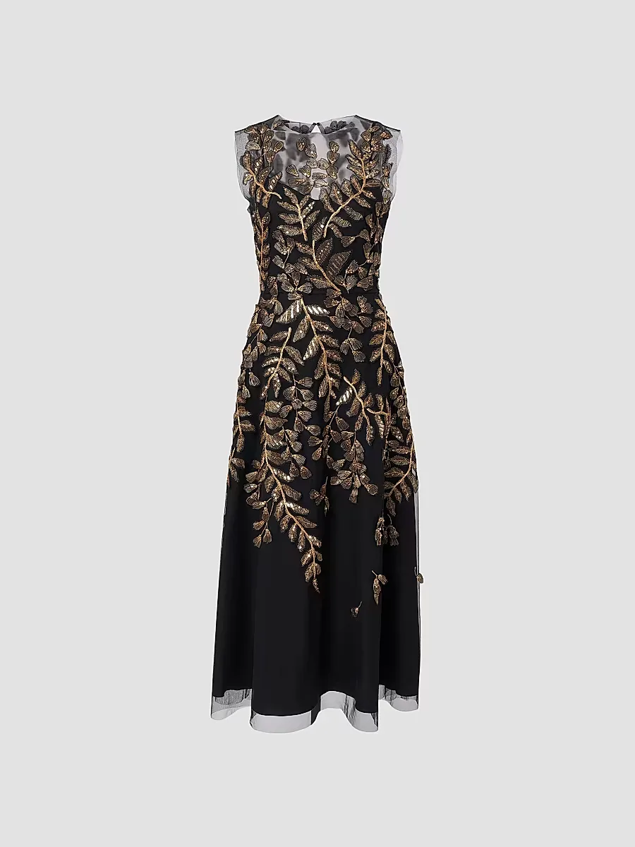 Embellished Leaf-Embroidered Tulle Cocktail Dress by Carolina Herrera
