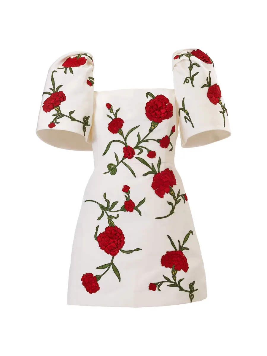 Carnation-Embroidered Silk Puff-Sleeve Minidress by Carolina Herrera