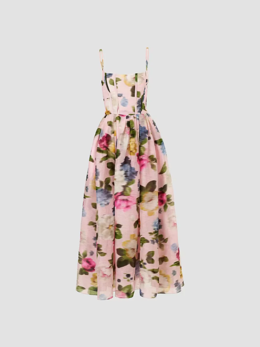 Cabana Floral Corset Linen-Silk Thin-Strap Midi-Dress by Carolina Herrera