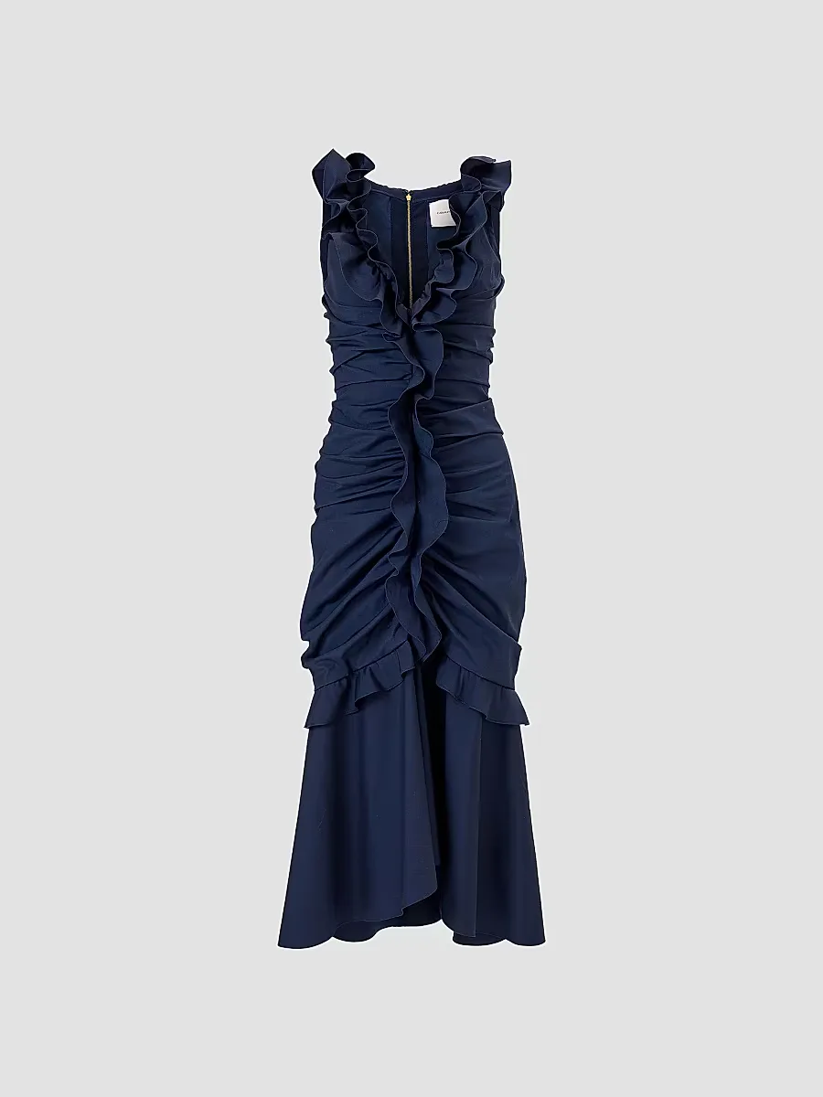 Cabana Ruched V-Neck Sleeveless Midi-Dress by Carolina Herrera