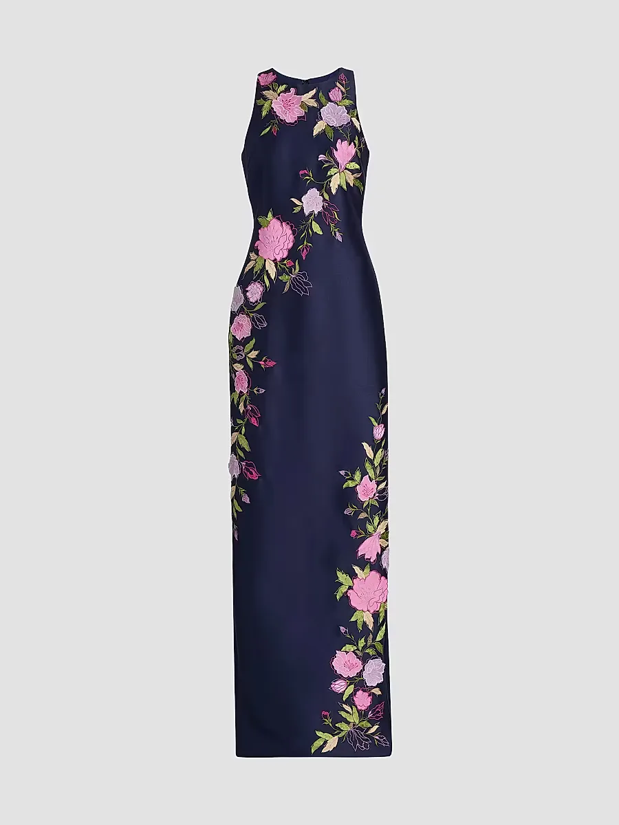 Floral Stretch Mikado Column Gown by Badgley Mischka