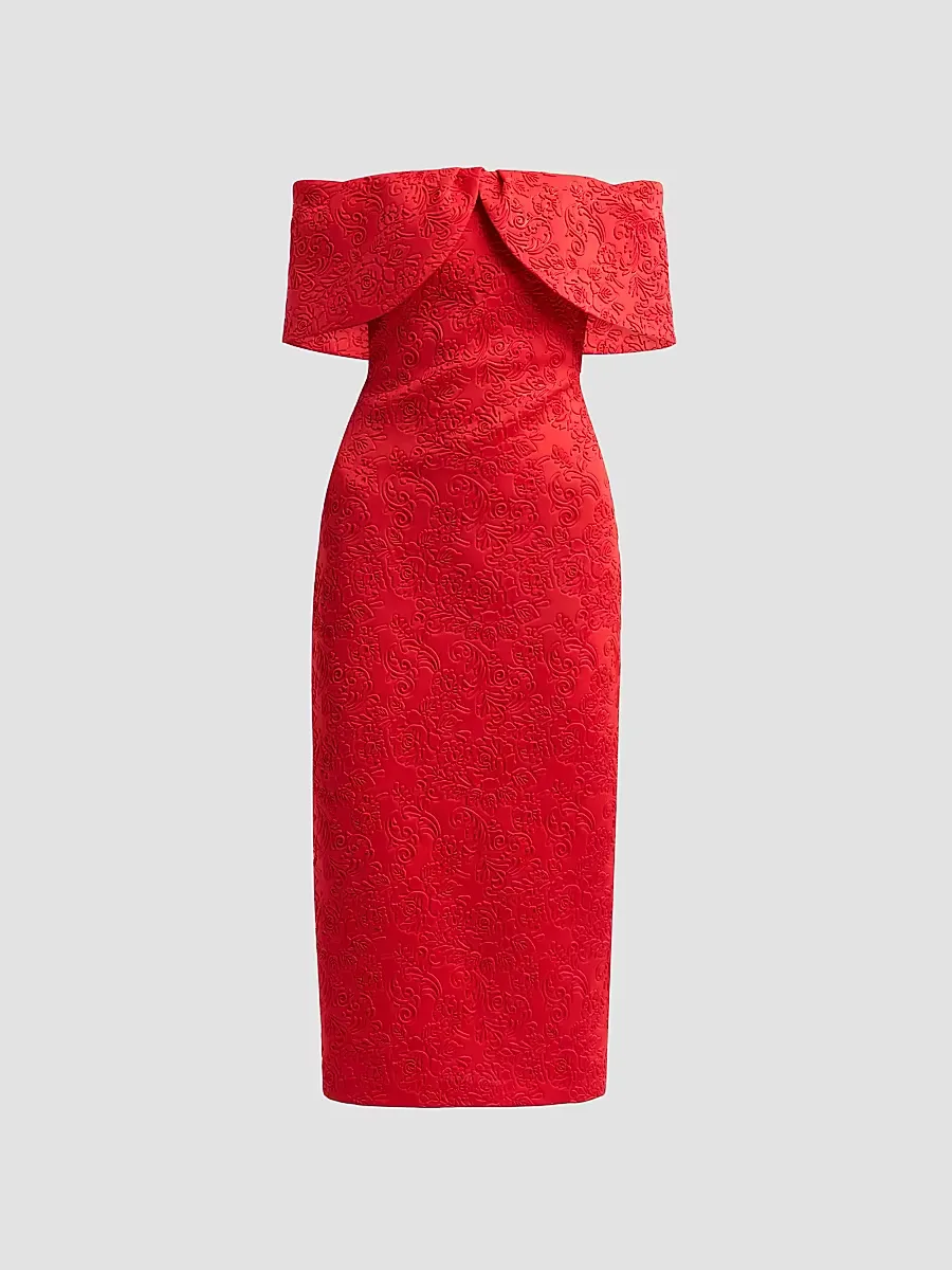 Embossed Scuba Off-the-Shoulder Cocktail Dress by Badgley Mischka