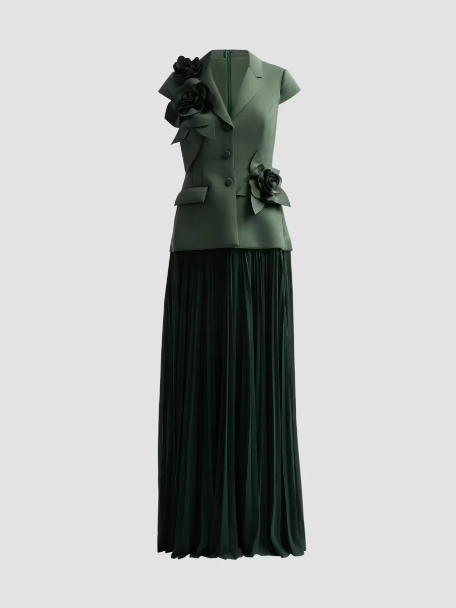 Blazer Floral Appliqué Pleated Gown by Badgley Mischka