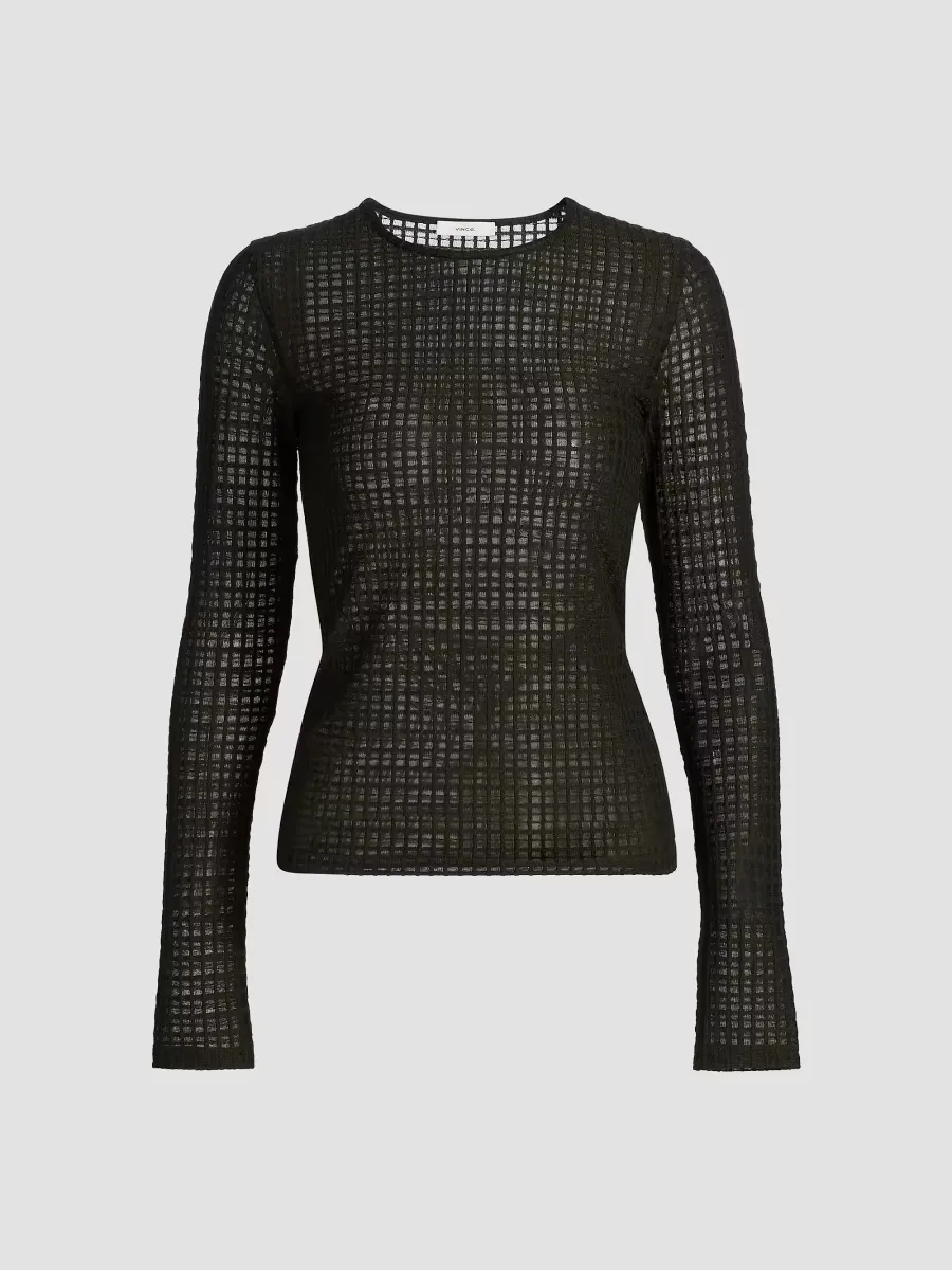 Shadow Grid Long-Sleeve Crewneck Top by Vince