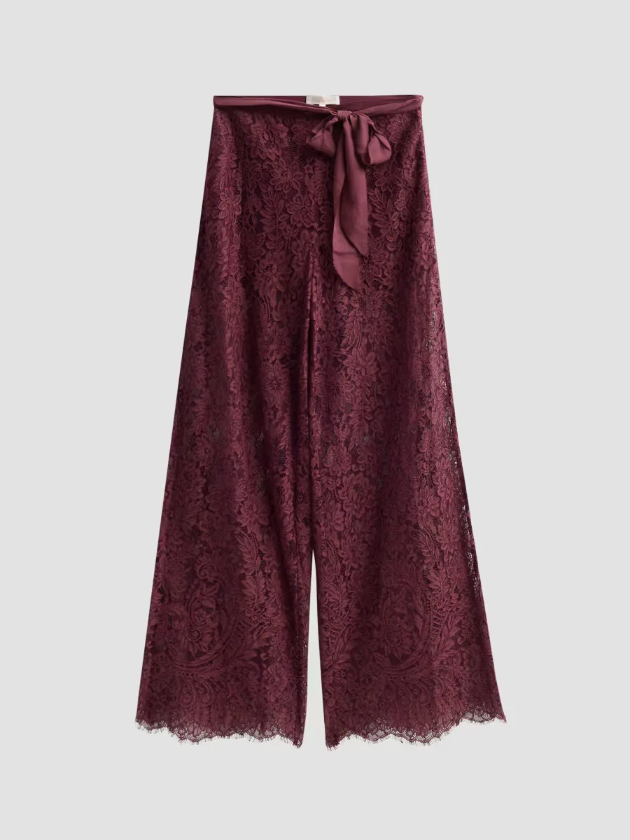 Riana Lace Wide-Leg Self-Belt Pants by LoveShackFancy