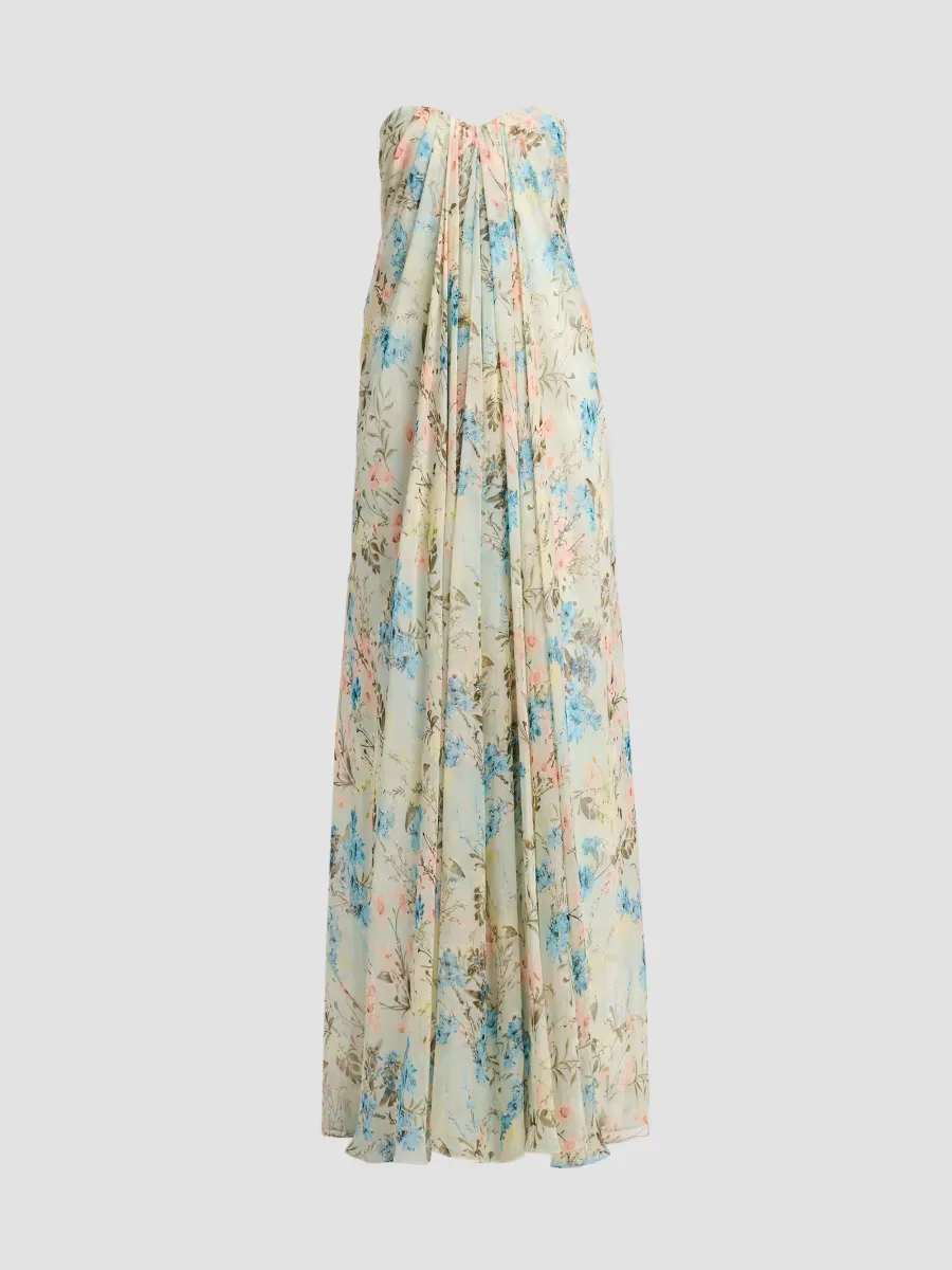 Goddess Floral Draped Bustier Strapless Silk Maxi Dress by McQueen