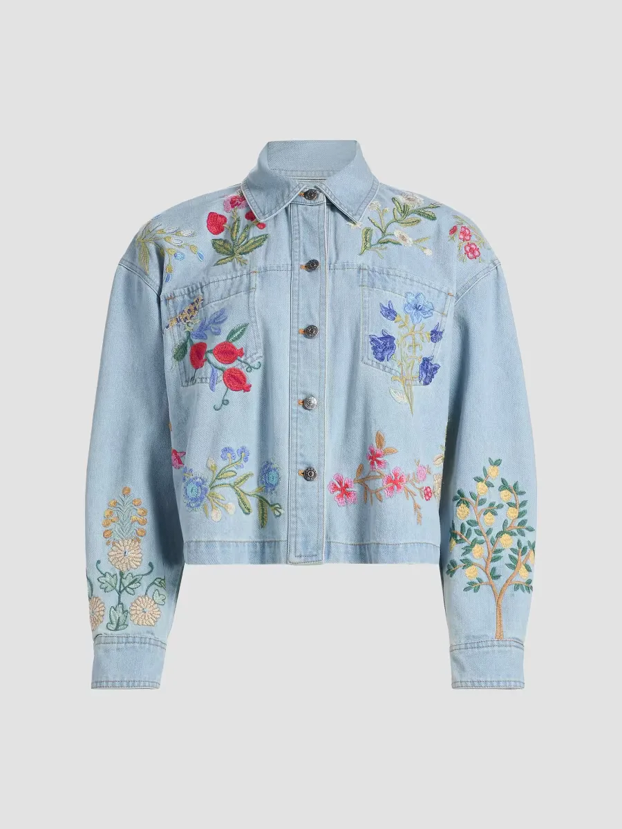 Beatrix Embroidered Denim Crop Jacket by Johnny Was