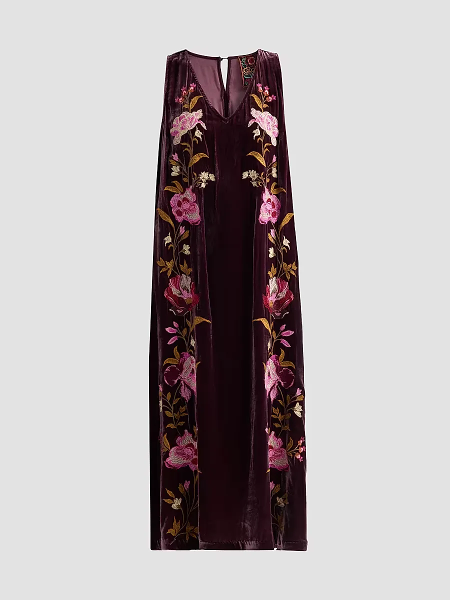 Floral Embroidered Velvet Shift Midi Dress by Johnny Was