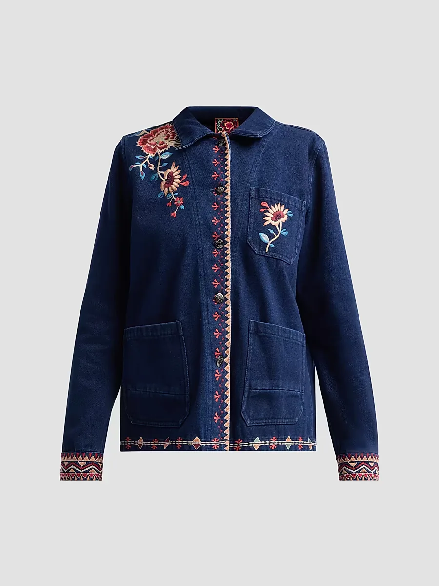 Nadia Floral-Embroidered Worker Jacket by Johnny Was