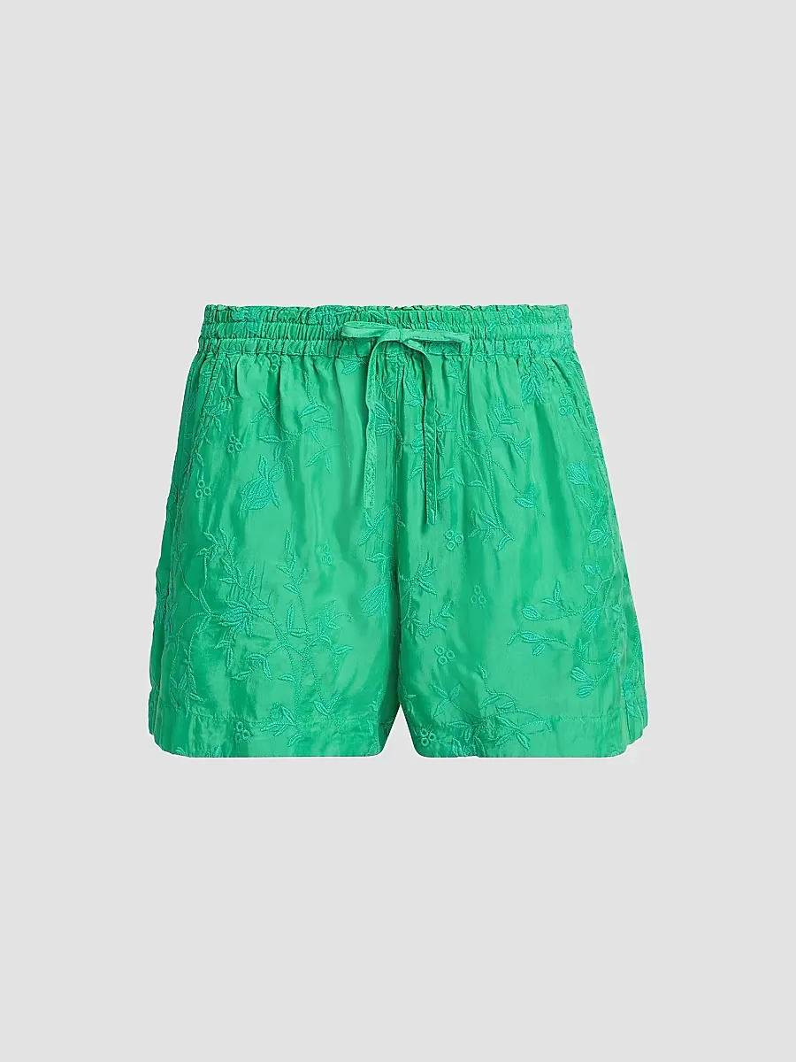 The Audrey Flower Embroidered Drawstring Shorts by Johnny Was