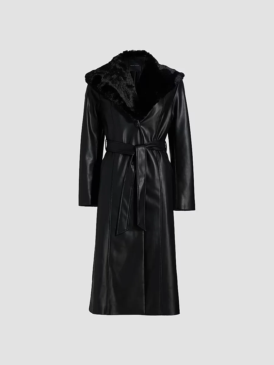 Veda Faux Fur-Trim Faux-Leather Tie-Waist Coat by Elie Tahari