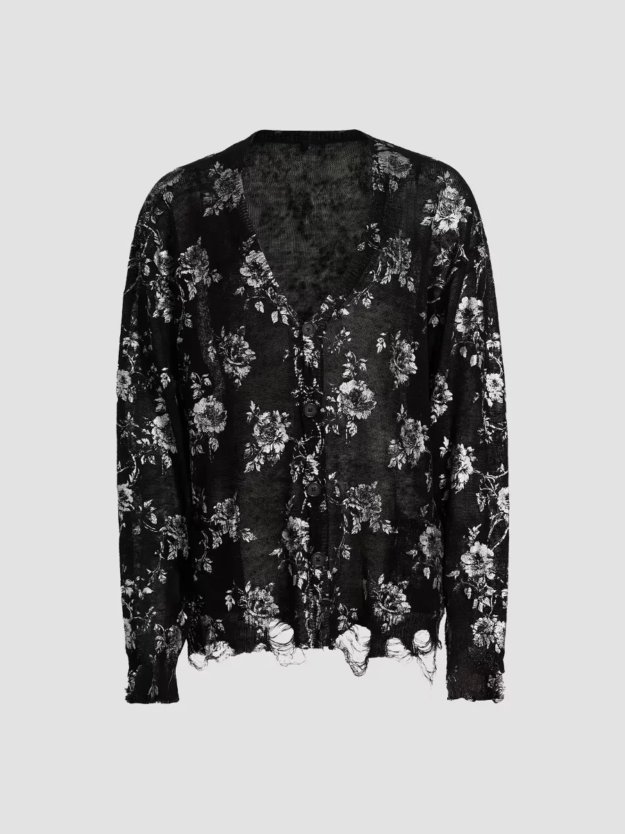 Rose-Print Cotton Boyfriend Cardigan