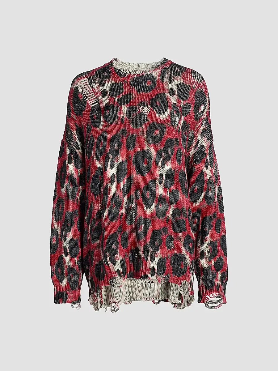 Leopard-Print Distressed Cotton Sweater by R13