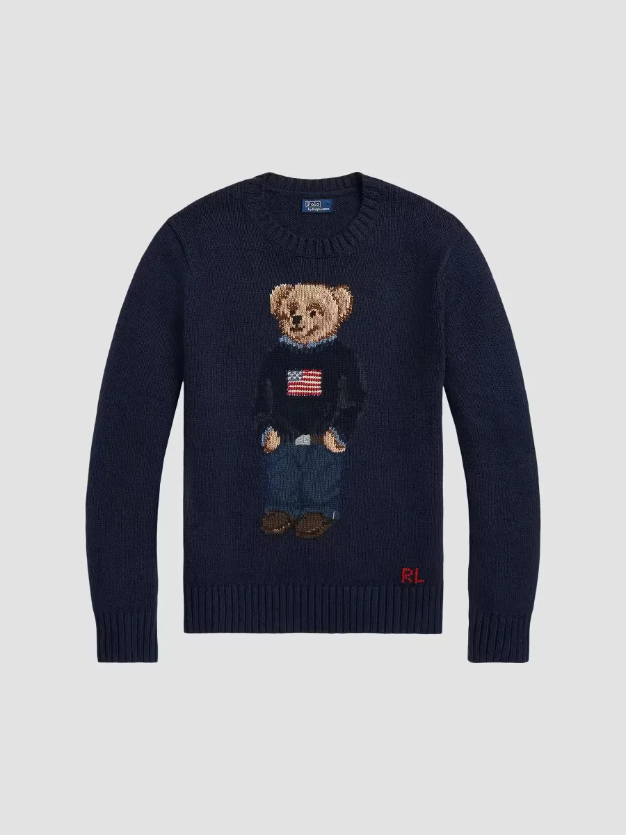 Cotton-Linen Crewneck Bear Sweater by Polo Ralph Lauren