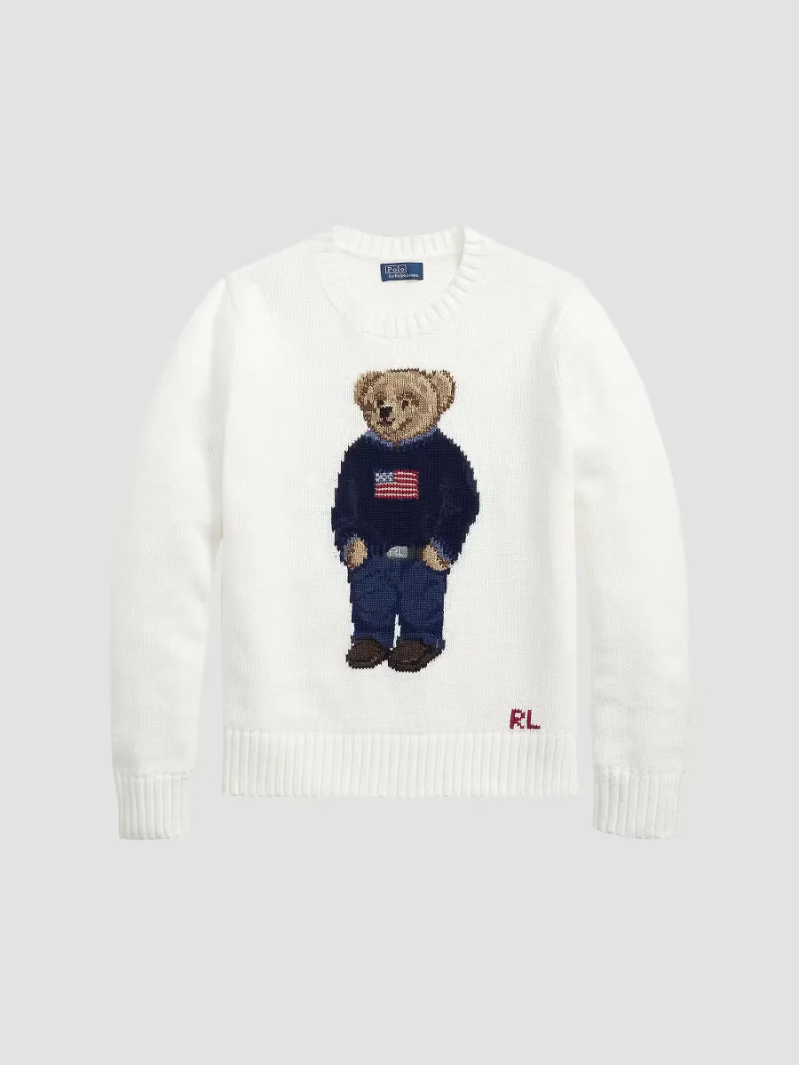 Cotton-Linen Crewneck Bear Sweater