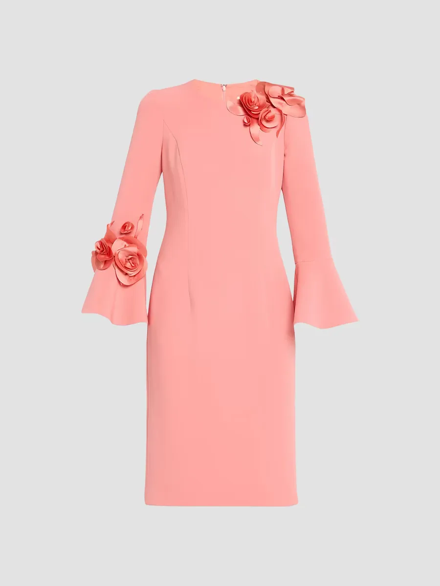 Flower Appliqu Flair-Cuff Mikado Crepe Midi-Dress by Teri Jon