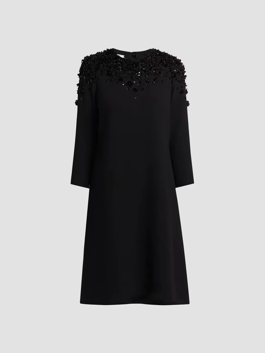 Floral Beaded Appliqu Crepe Cocktail Dress