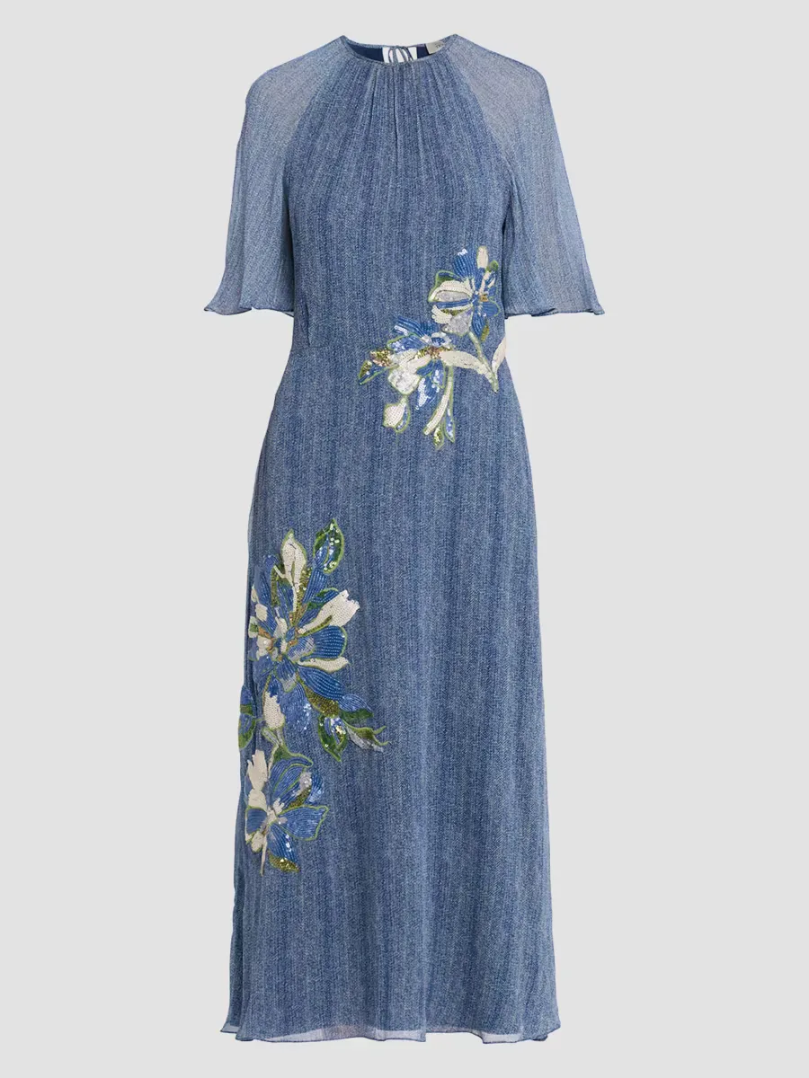 Sequined Floral Silk Chiffon Midi Dress by Teri Jon