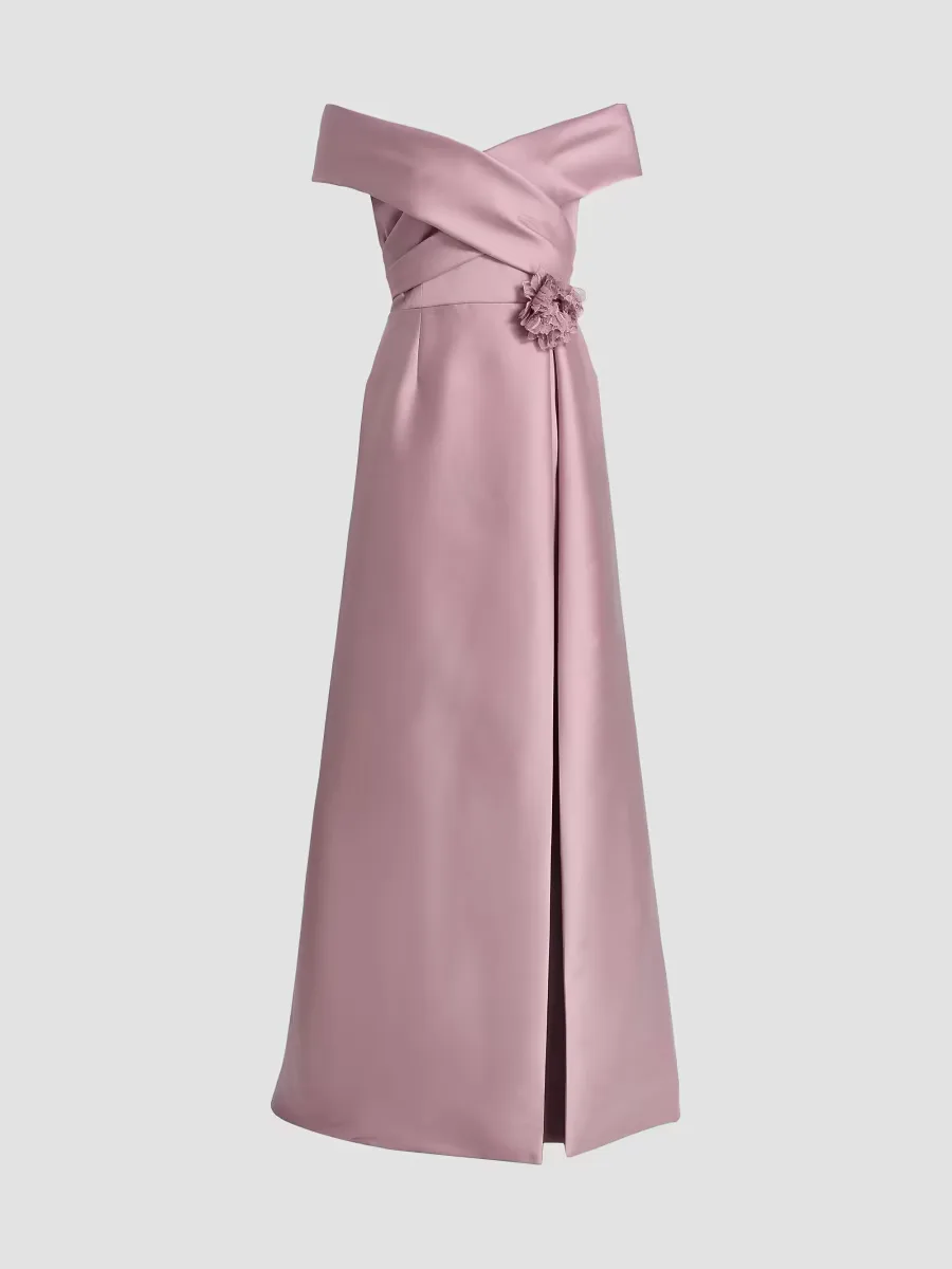 Mikado Lace Off-the-Shoulder Overlay Gown