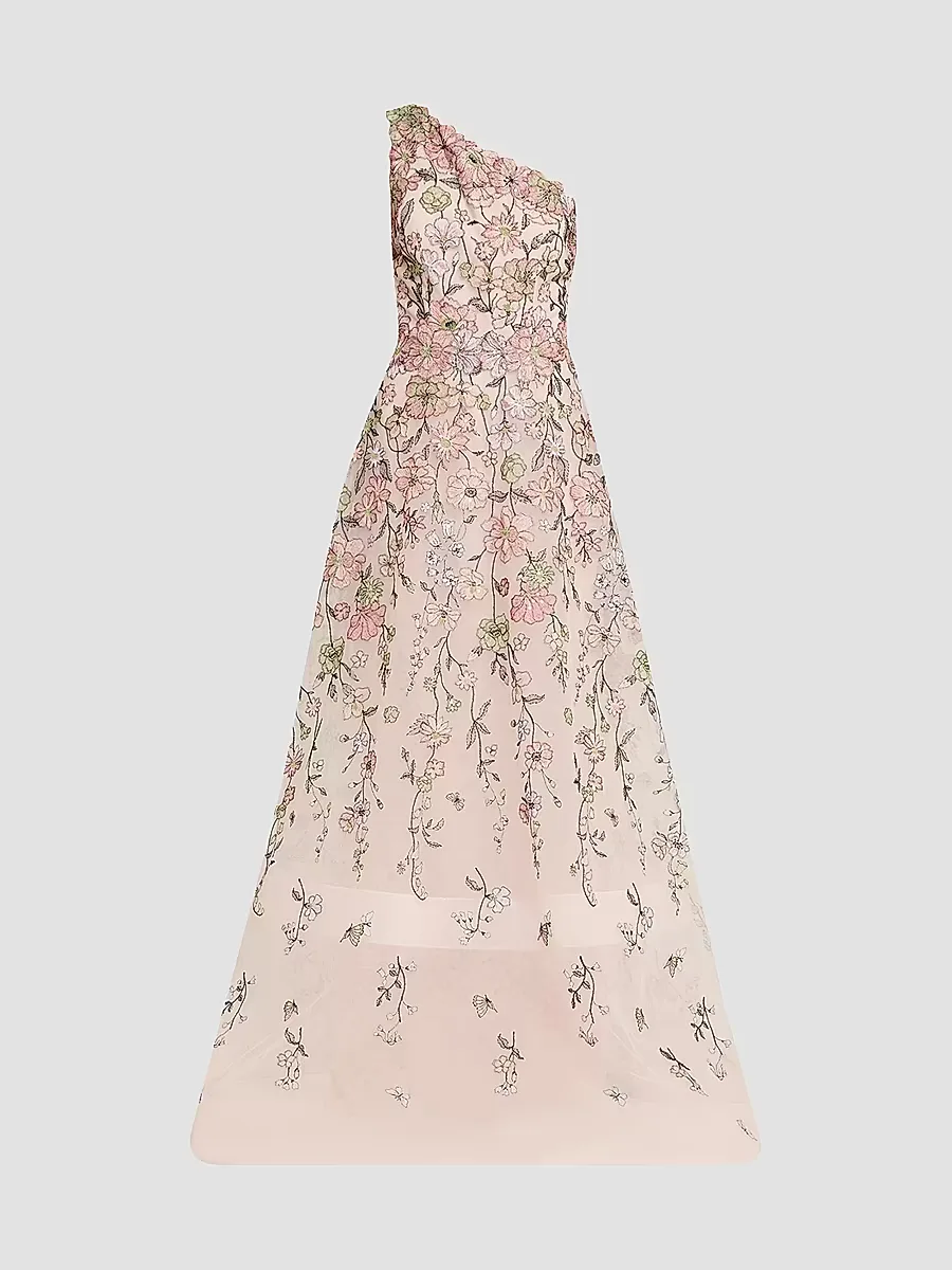 Floral-Embroidered One-Shoulder Tulle Gown