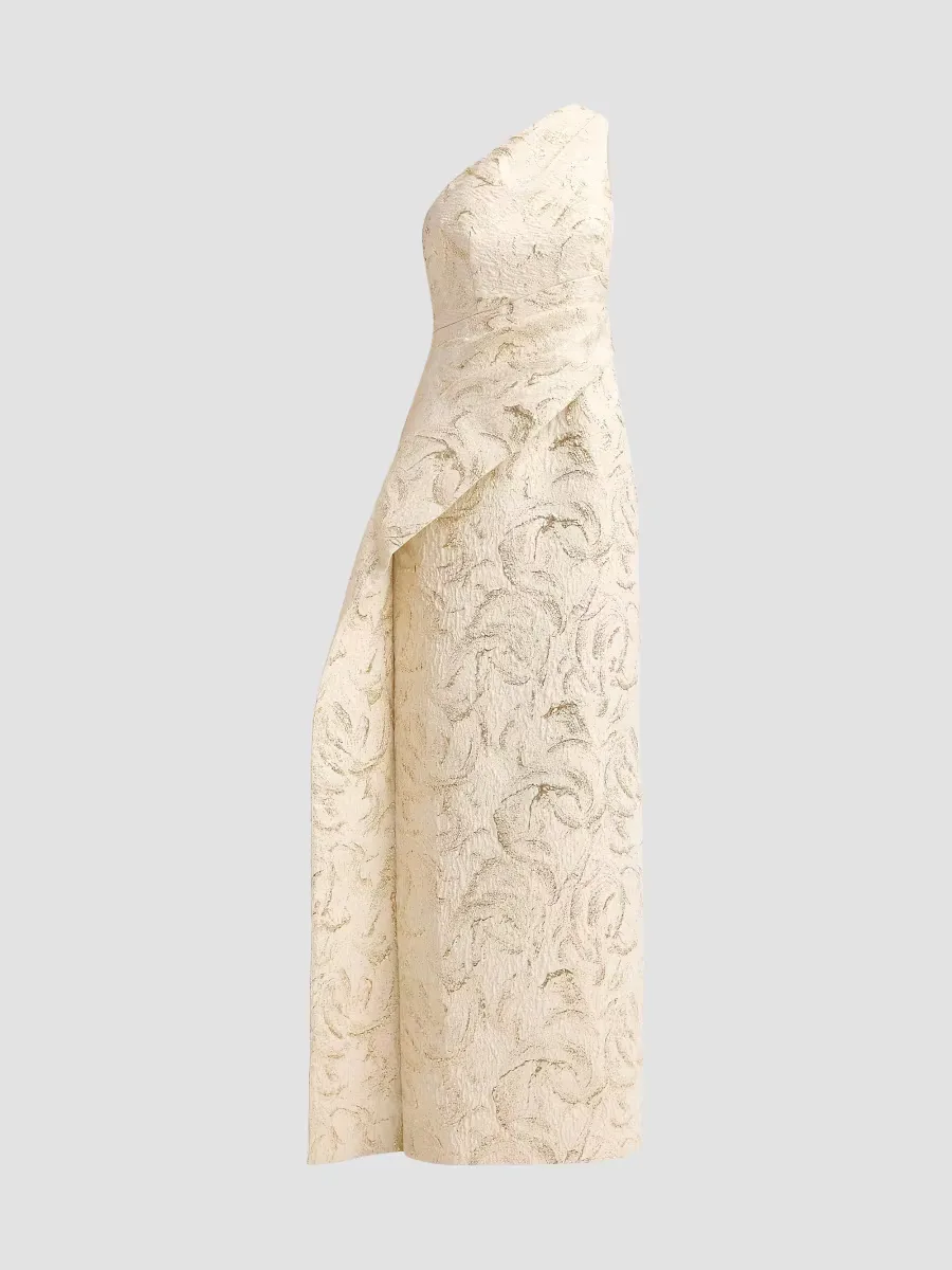 Metallic Jacquard One-Shoulder Draped Asymmetric Peplum Gown