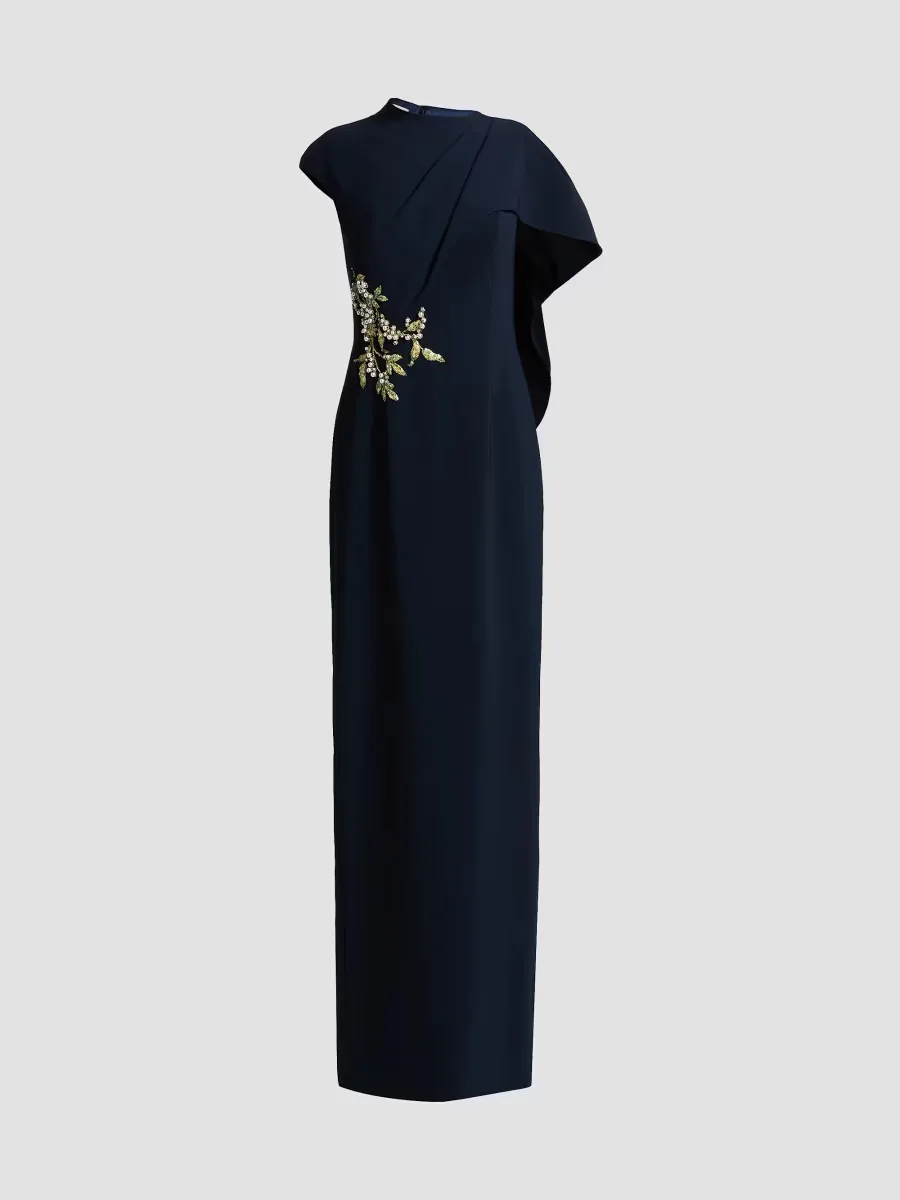 Pearl-Embellished Draped Cape Column Gown by Teri Jon