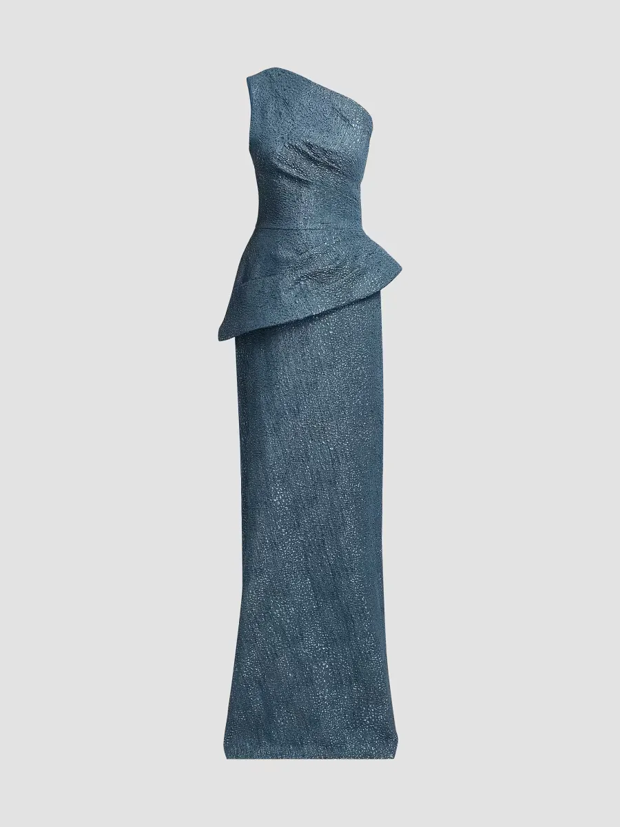 Metallic Jacquard One-Shoulder Peplum Gown by Teri Jon