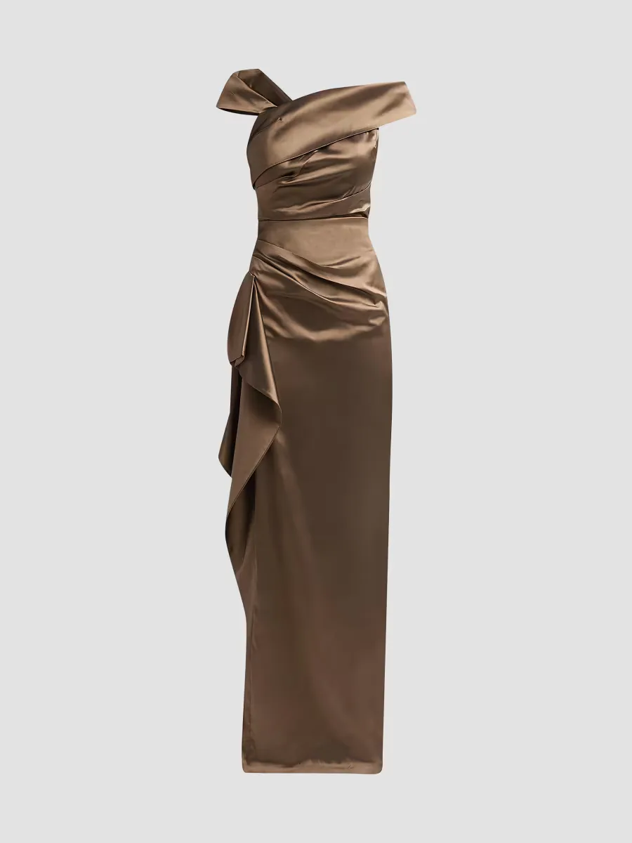 Draped Woven Taffeta Column Gown by Teri Jon