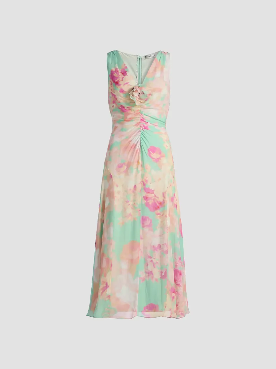 Floral Silk Chiffon Ruched-Front Midi-Dress by Teri Jon