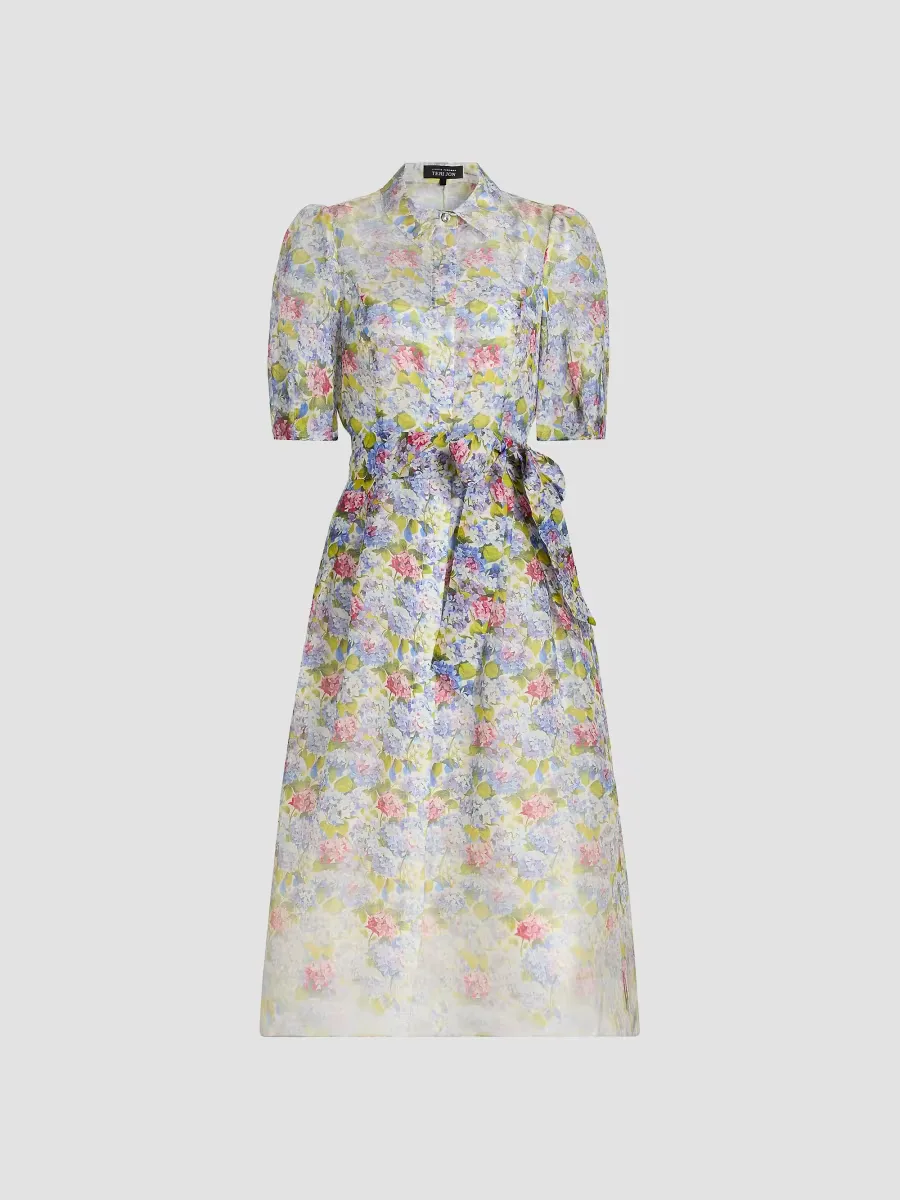 Floral Silk-Linen Puff-Sleeve Shirtdress