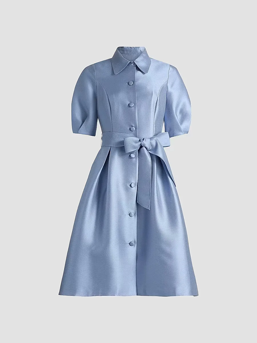Tie-Waist Faille Knee-Length Shirtdress