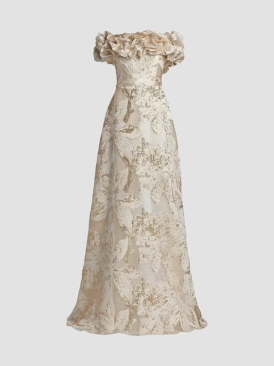 Brocade Scrunched Off-The-Shoulder Gown by Teri Jon