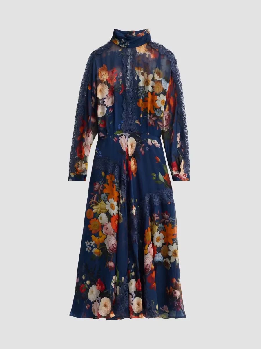 Lace-Trim Floral Silk Midi Dress