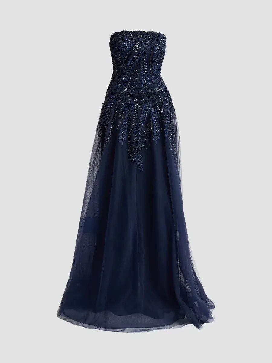 Floral-Embellished Tulle Strapless Gown