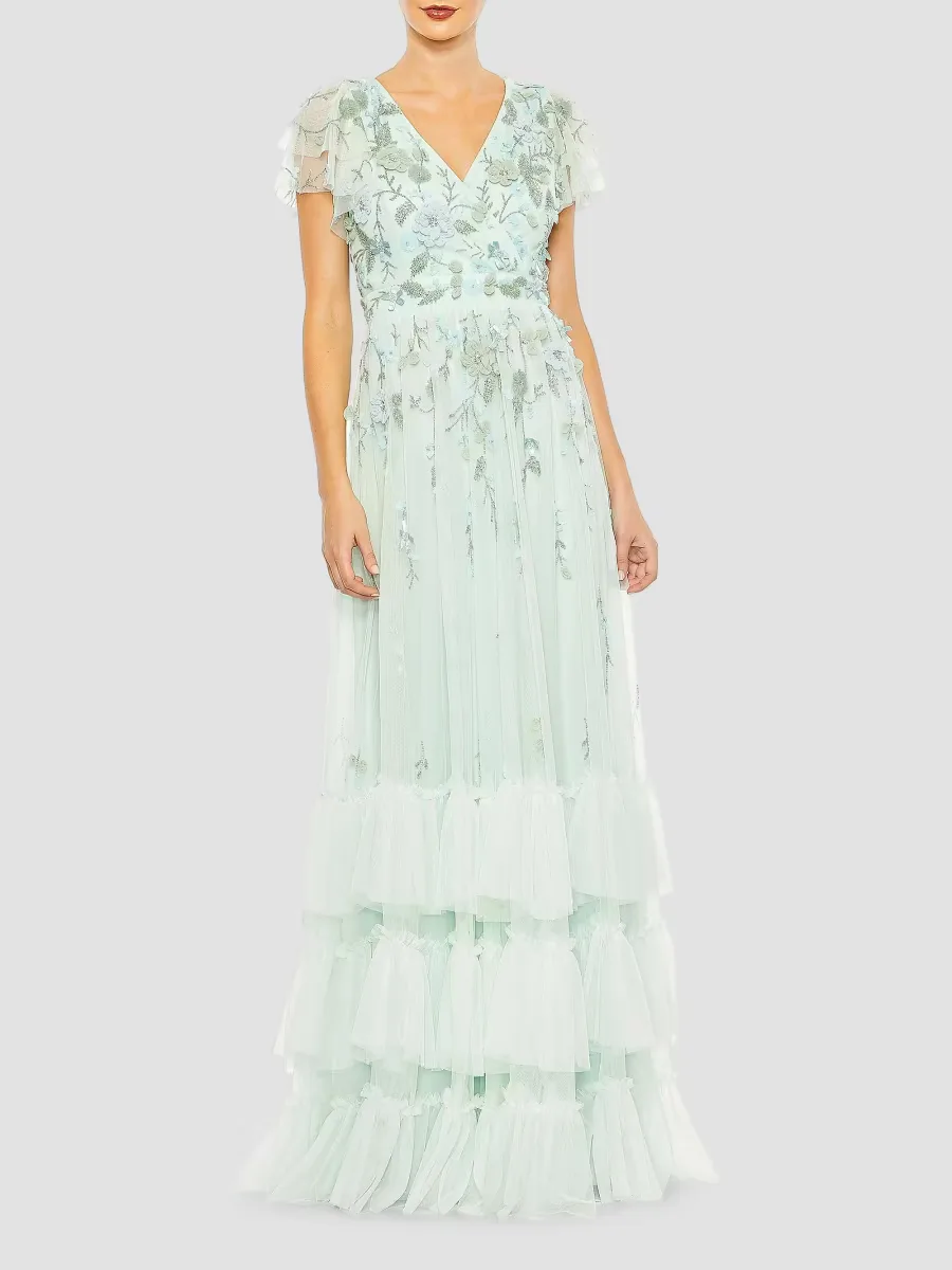 Mac Duggal Ruffle-Tiered Embellished Wrap Gown by M.A.C.