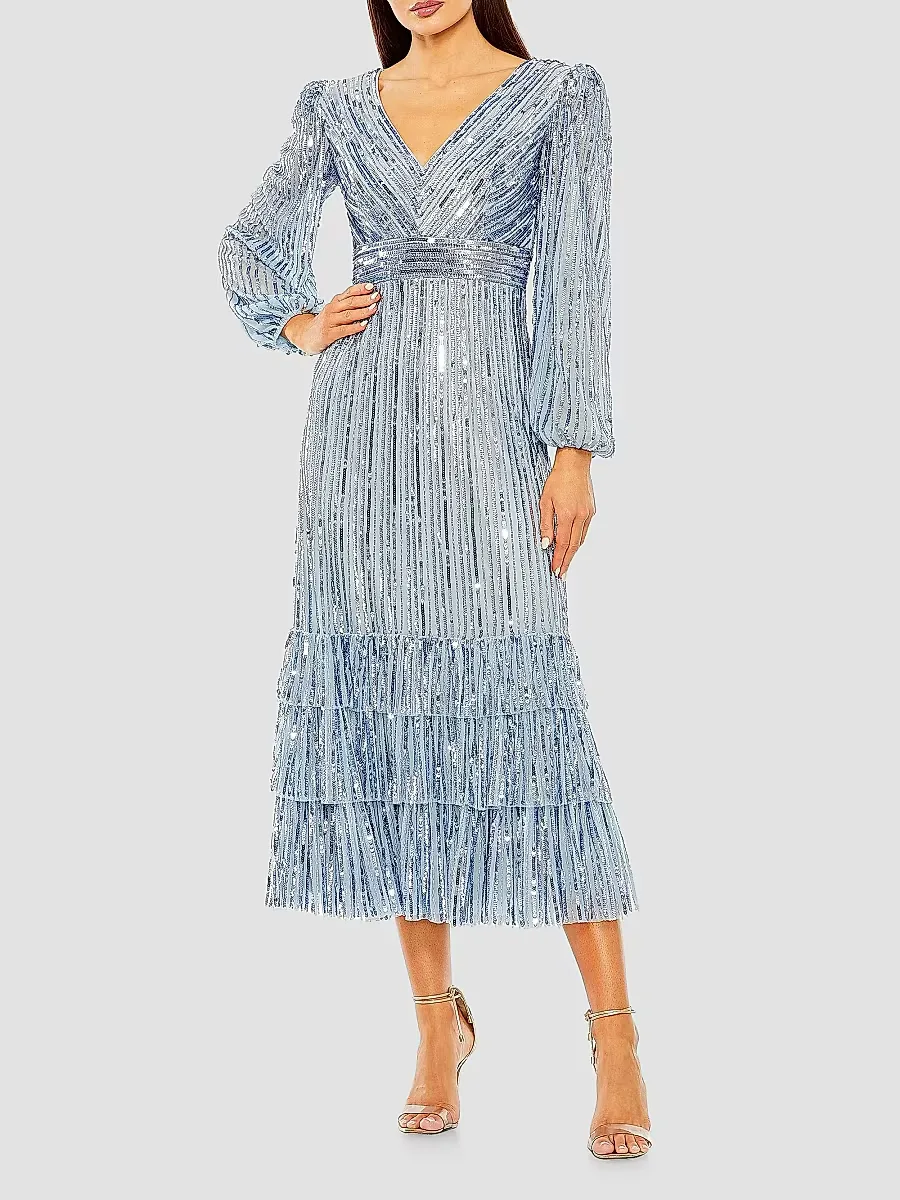 Mac Duggal Sequin Blouson-Sleeve Ruffled Midi-Dress by M.A.C.