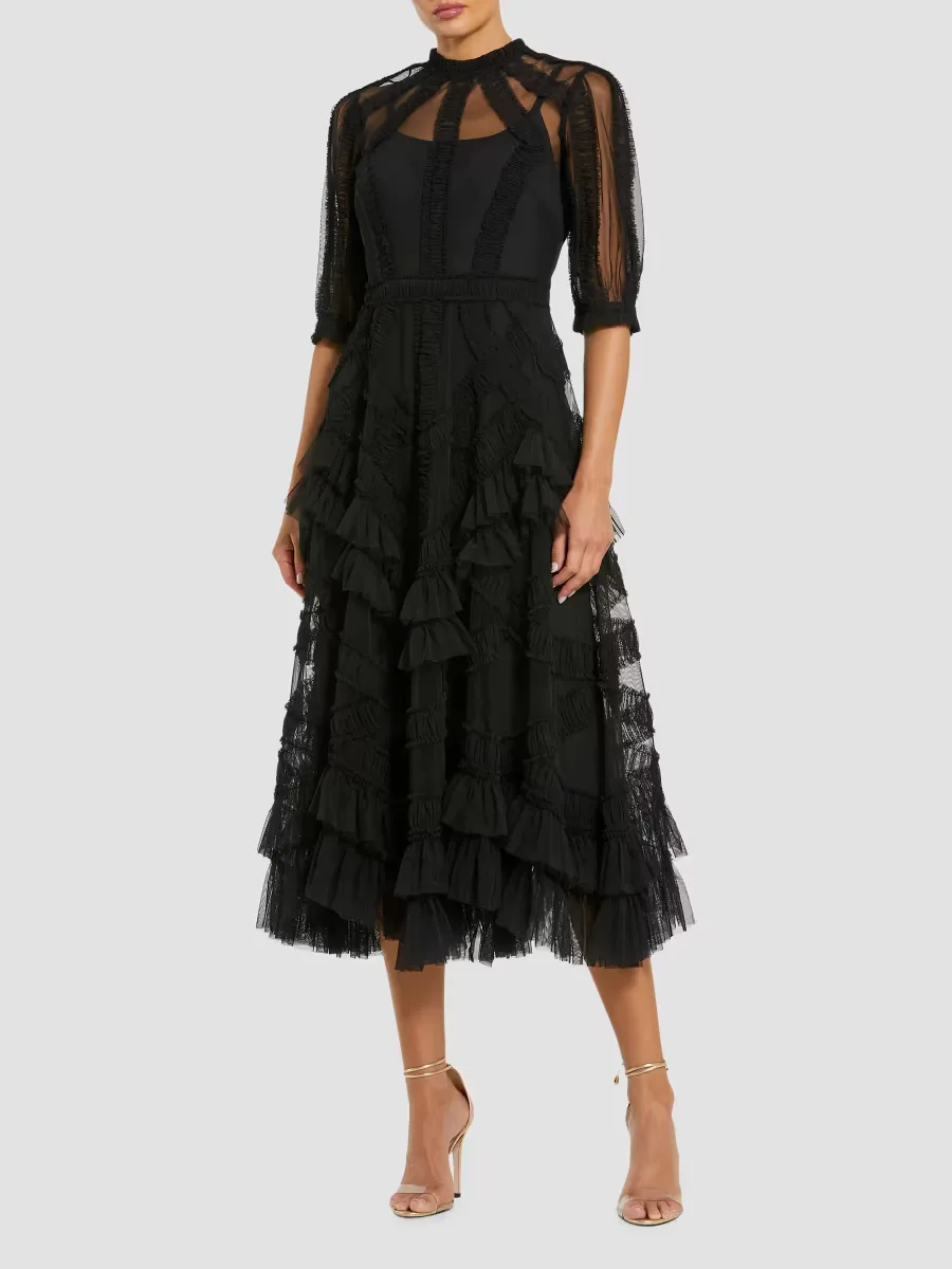 Mac Duggal High-Neck Gathered Tulle Midi-Dress by M.A.C.