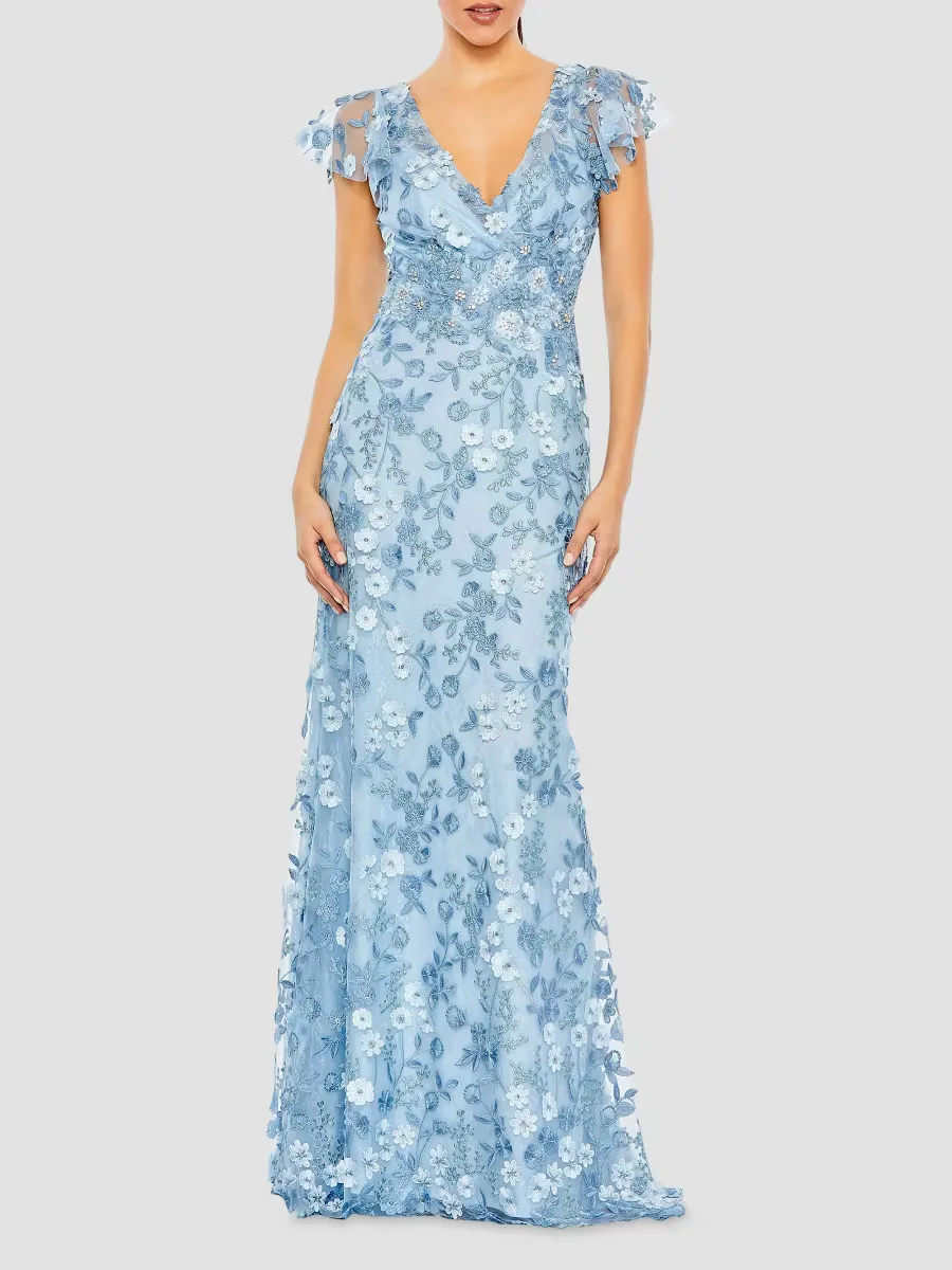 Mac Duggal Floral Appliqué Tulle Gown