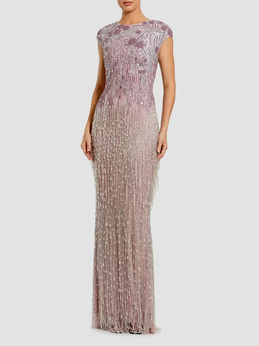 Mac Duggal Evening Embellished Mesh Cap-Sleeve Gown by M.A.C.