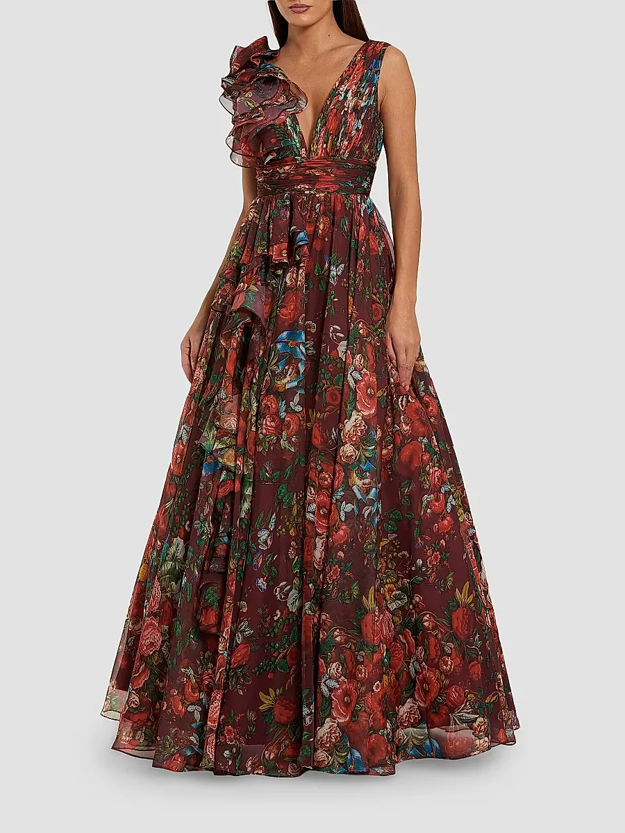 Mac Duggal Floral Chiffon Ruffled V-Neck Gown by M.A.C.