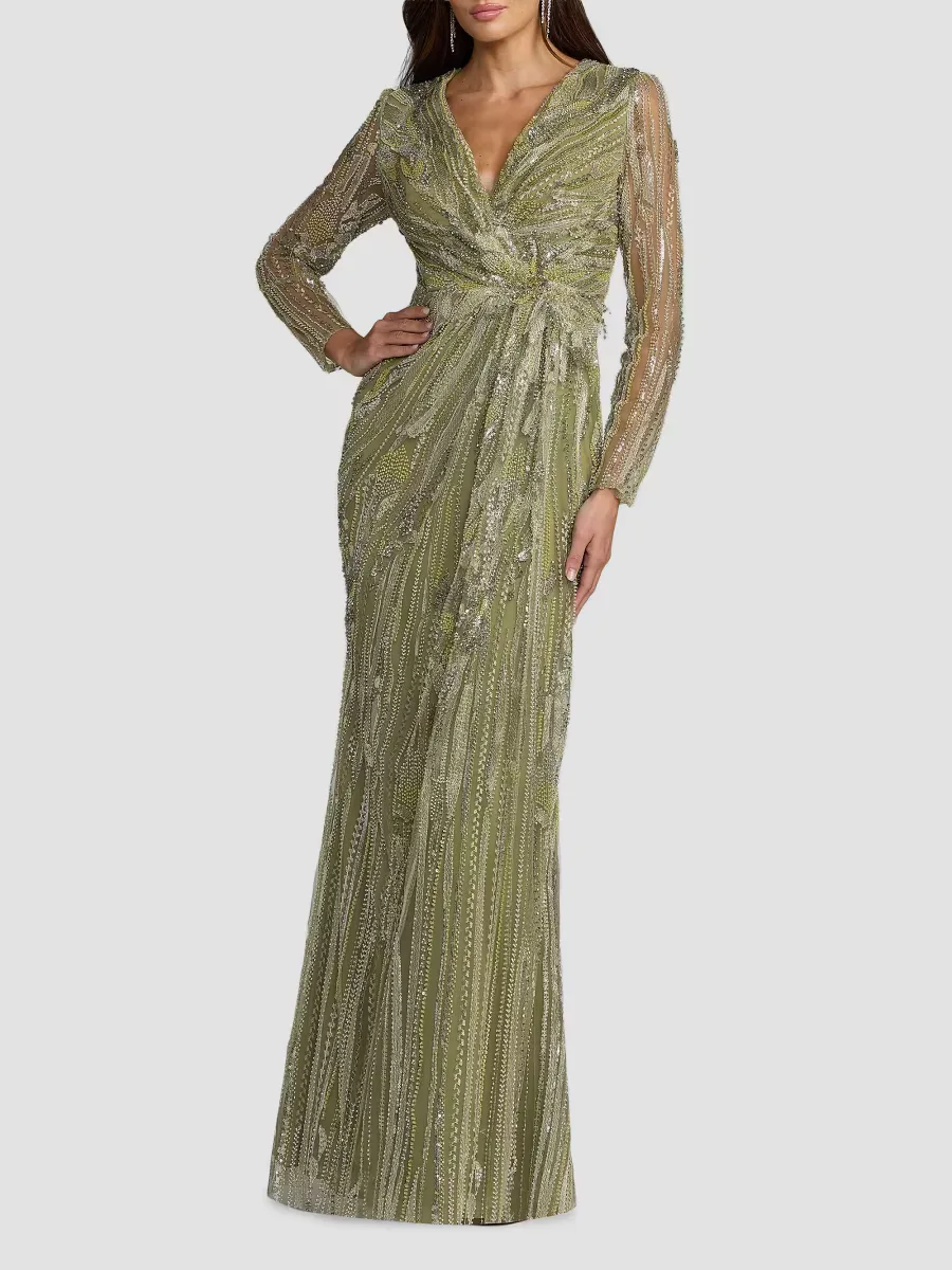 Mac Duggal Embroidered Mesh Long-Sleeve Column Gown by M.A.C.