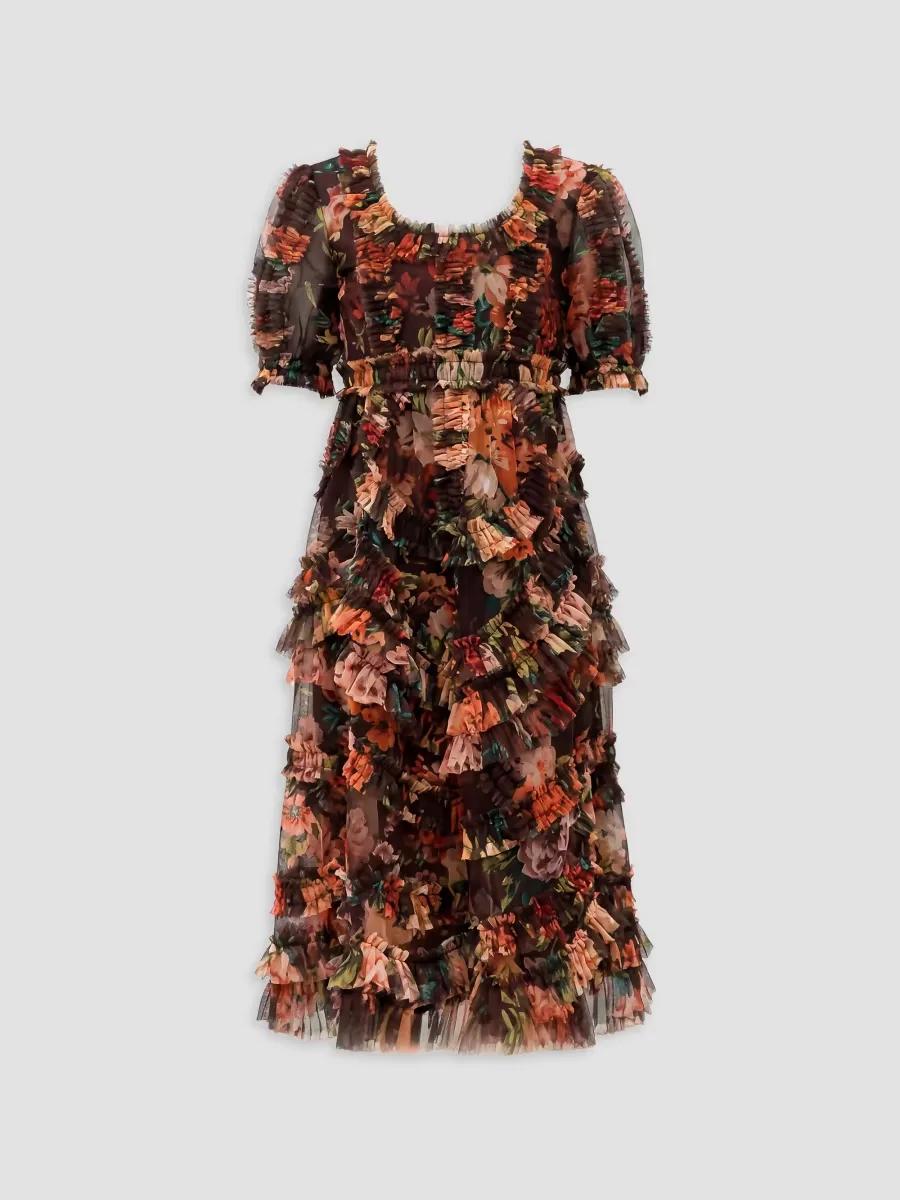 Mac Duggal Short-Sleeve Mesh Ruffle-Trimmed Dress by M.A.C.