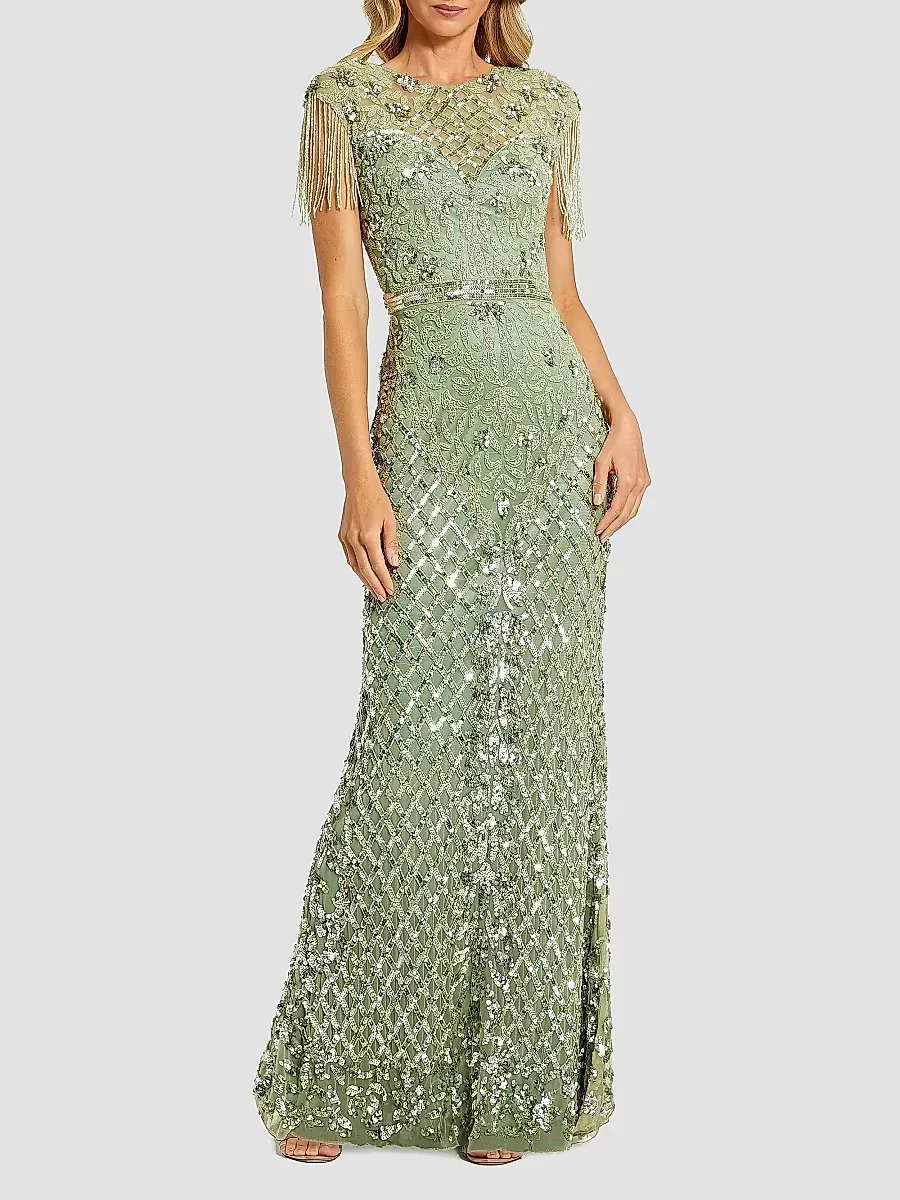 Mac Duggal Embellished Fringe Column Gown by M.A.C.
