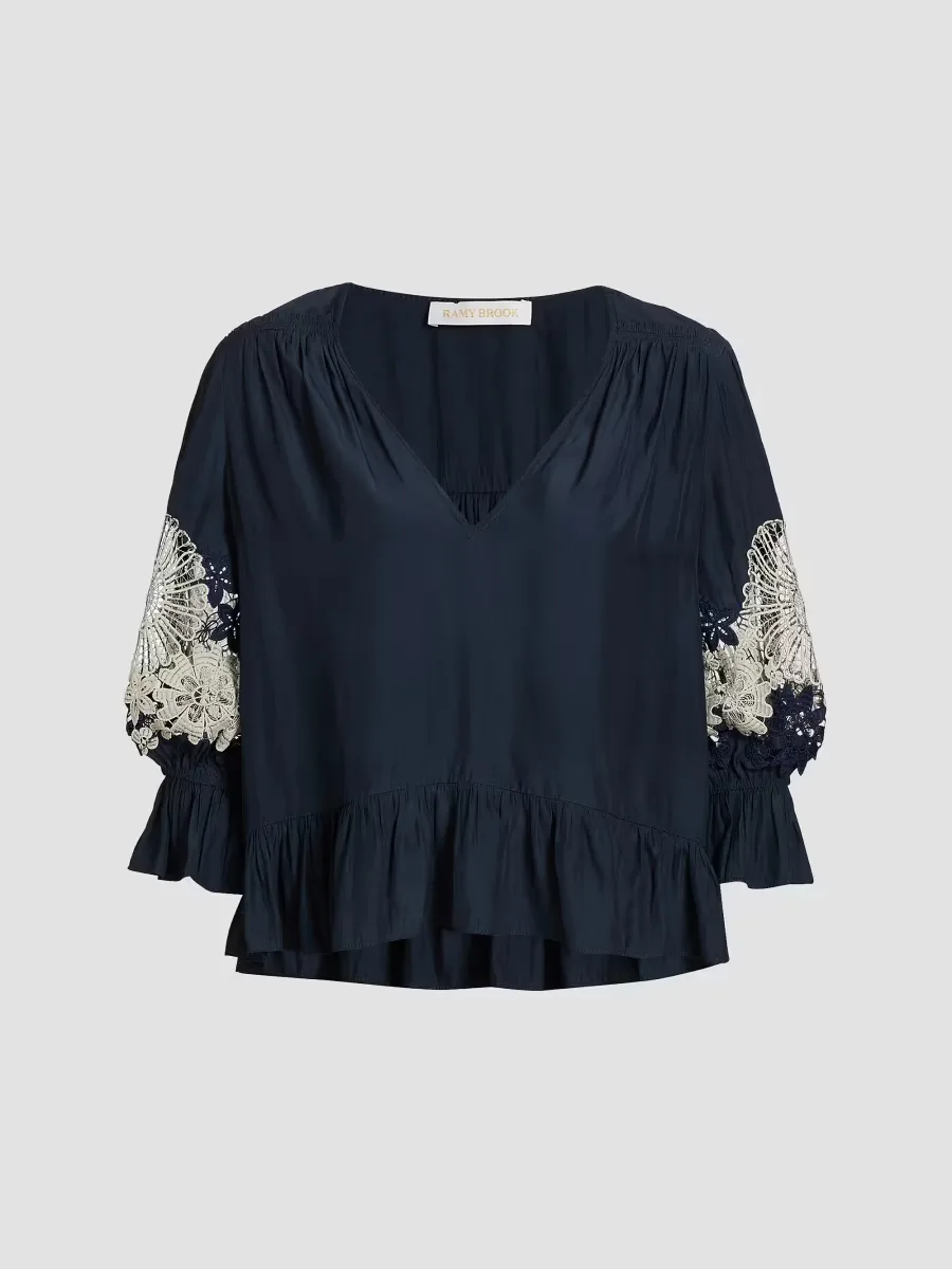 Berry V-Neck Lace Blouse by Ramy Brook
