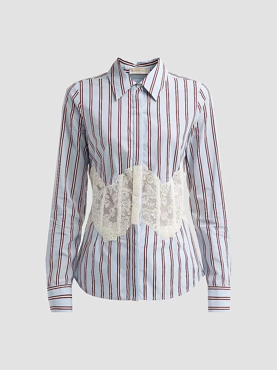 Alana Striped Lace-Overlay Shirt by Ramy Brook