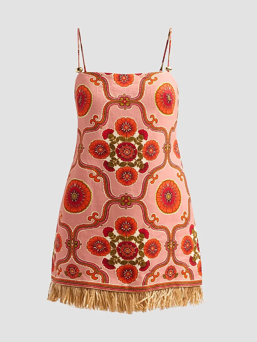 Valencia Fringed Floral Linen Mini Dress