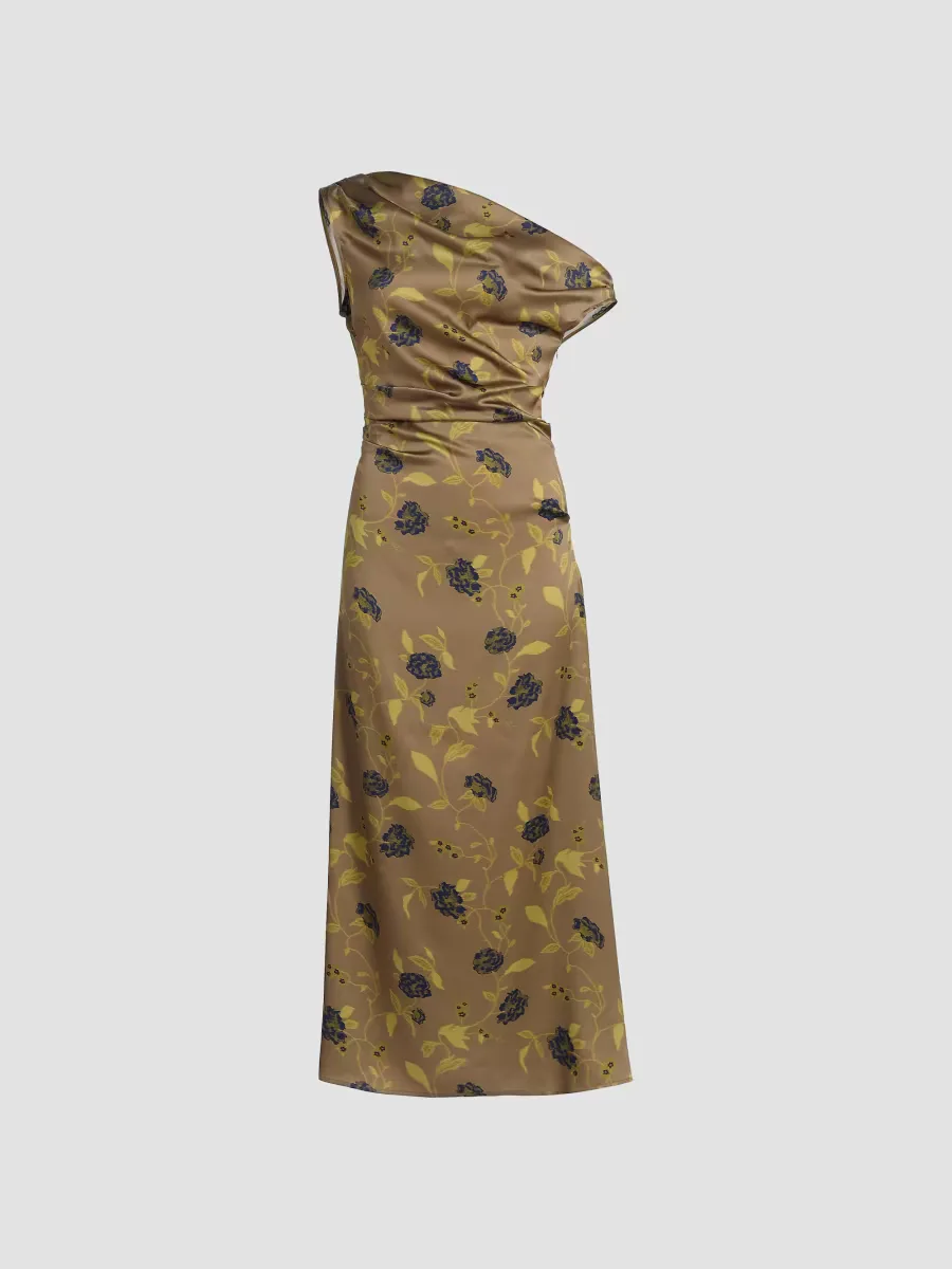 Phare Asymmetric Floral Silk Midi-Dress