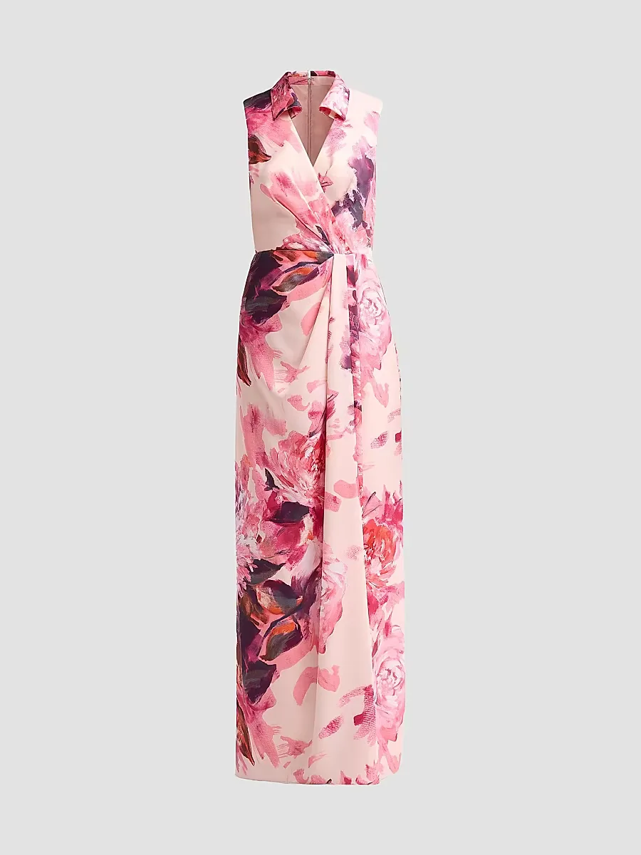 Floral Sateen Mock Wrap Maxi Dress by Aidan Mattox