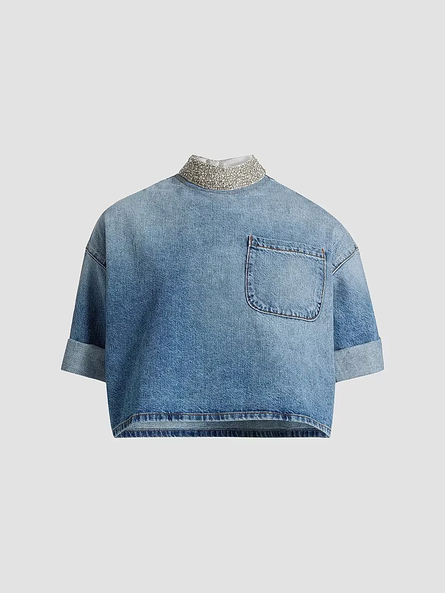 Ex T Embellished Denim Crop T-Shirt by TWP